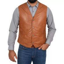 Load image into Gallery viewer, Men&#39;s New Motorbike Leather Vest. Real Soft Sheep Brown Leather Vest. Wedding.
