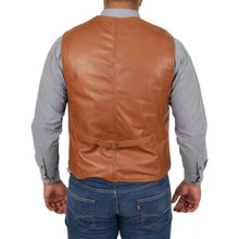 Load image into Gallery viewer, Men&#39;s New Motorbike Leather Vest. Real Soft Sheep Brown Leather Vest. Wedding.
