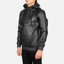 Load image into Gallery viewer, New Mens Black Hooded Bomber Leather Jacket. Real Soft Sheep Skin Leather Jacket
