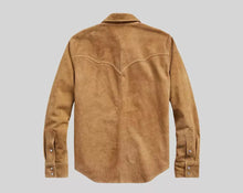 Load image into Gallery viewer, Mens Camel Tan Color Suede Leather Shirt. Genuine Sheepskin Suede leather Shirt.
