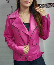 Load image into Gallery viewer, Womens Pink Biker Leather Jacket. Real Soft Sheepskin Motorcycle Leather Jacket.
