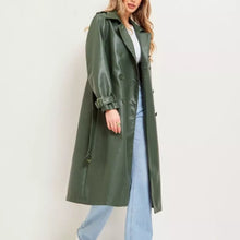 Load image into Gallery viewer, Women&#39;s New Trench Leather coat. Real Soft Lambskin Leather. Green Long Coat.
