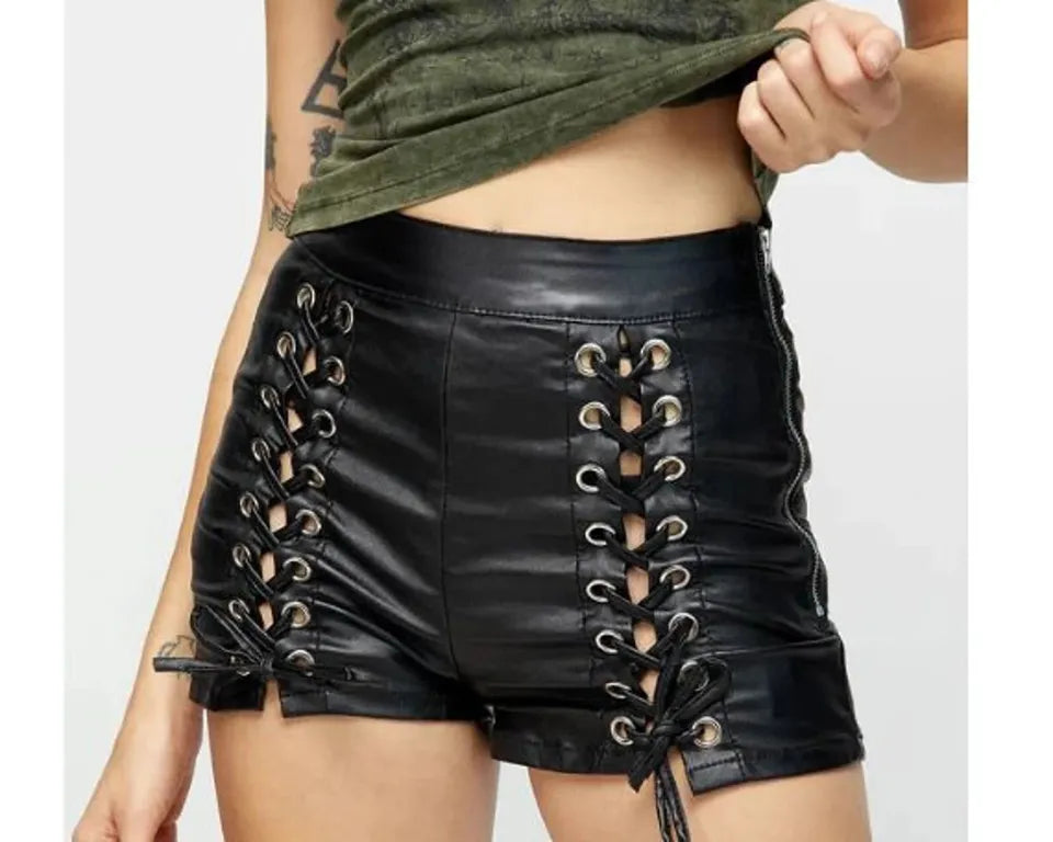 New Women's black Laced leather shorts. Real Soft lambskin Biker leather Shorts