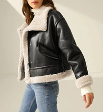 Load image into Gallery viewer, Womens New B-3 Shearling Fur Leather Jacket. Real sheepskin Black Leather Jacket
