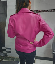 Load image into Gallery viewer, Womens Pink Biker Leather Jacket. Real Soft Sheepskin Motorcycle Leather Jacket.
