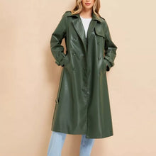 Load image into Gallery viewer, Women&#39;s New Trench Leather coat. Real Soft Lambskin Leather. Green Long Coat.
