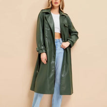 Load image into Gallery viewer, Women&#39;s New Trench Leather coat. Real Soft Lambskin Leather. Green Long Coat.
