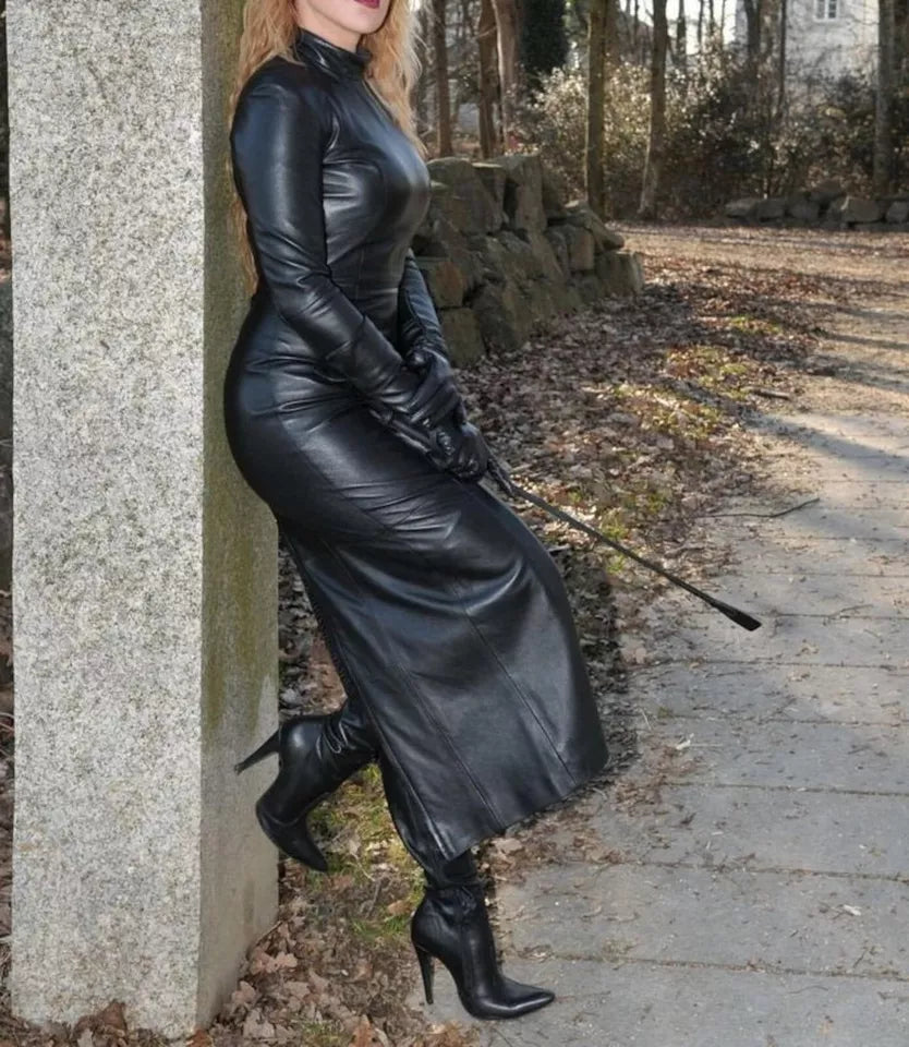 Womens New Black Crop Leather Dress. Slim Fit Long Dress. Real Lambski leatherthirst Womens New Black Crop Leather Dress. Slim Fit Long Dress. Real Lambski leatherthirst