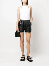 Load image into Gallery viewer, New Women&#39;s Black Striped shorts. Real Soft lambskin high waist leather Shorts.
