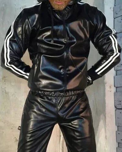 Men's & boys black Leather Hooded Jacket & Trouser. Real Soft Sheepskin leather.