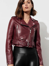 Load image into Gallery viewer, Brand New Women short Biker leather Jacket | Waist belt and extra lighter pocket
