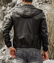 Load image into Gallery viewer, Mens New Hooded Black Leather Jacket. Real Soft Lambskin Leather Biker Jacket M
