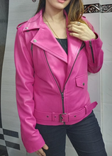 Load image into Gallery viewer, Womens Pink Biker Leather Jacket. Real Soft Sheepskin Motorcycle Leather Jacket.
