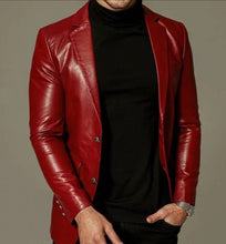 Load image into Gallery viewer, Brand New Men's Red Color Leather Blazer. Real Soft Lambskin Leather Overcoat.
