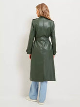 Load image into Gallery viewer, Women&#39;s New Trench Leather coat. Real Soft Lambskin Leather. Green Long Coat.
