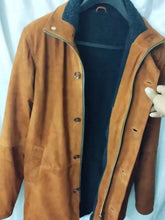 Load image into Gallery viewer, Men&#39;s Brown Shearling Suede Leather Trench Coat. Real Sheepskin leather Overcoat.
