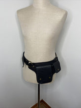 Load image into Gallery viewer, Black leather crossbody belt bag. Hip Purse Crossbody Zip Snap Steampunk Biker.
