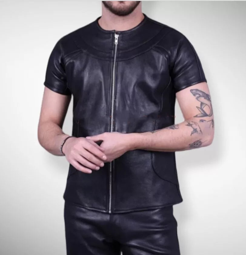 Men's & Boys Biker T-Shirts. 100% Real High Quality Soft Sheepskin Black Leather