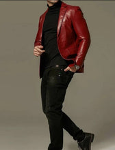 Load image into Gallery viewer, Brand New Men's Red Color Leather Blazer. Real Soft Lambskin Leather Overcoat.
