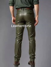 Load image into Gallery viewer, Men&#39;s Leather Olive Green Lambskin Sweat Jeans Pants. Real Soft Leather Jeans 34
