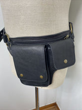 Load image into Gallery viewer, Black leather crossbody belt bag. Hip Purse Crossbody Zip Snap Steampunk Biker.
