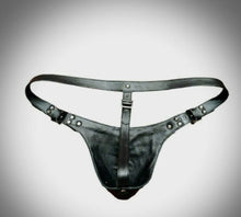 Load image into Gallery viewer, A pair of two Men&#39;s Black Double Layered Thong Jock. Real Leather Jockstraps.
