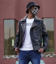 Load image into Gallery viewer, Mens New Silver Studded Biker Leather Jacket. Real Sheepskin Leather Motorcycle.
