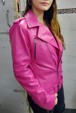 Load image into Gallery viewer, Womens Pink Biker Leather Jacket. Real Soft Sheepskin Motorcycle Leather Jacket.
