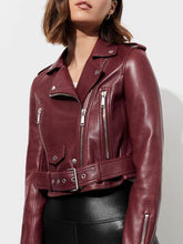 Load image into Gallery viewer, Brand New Women short Biker leather Jacket | Waist belt and extra lighter pocket
