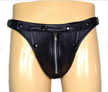 Load image into Gallery viewer, A pair of two Men&#39;s Black Leather Thong Jock. Real Leather Breathable Jockstraps
