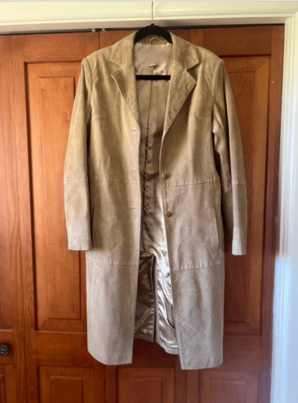 Mens Western Style Tan Suede Leather Long Coat. Real Sheepskin Suede.