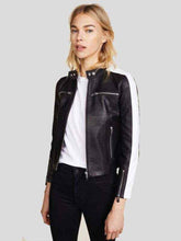Load image into Gallery viewer, New women's silver striped leather Jacket &amp; pant. Real soft sheepskin leather track 34
