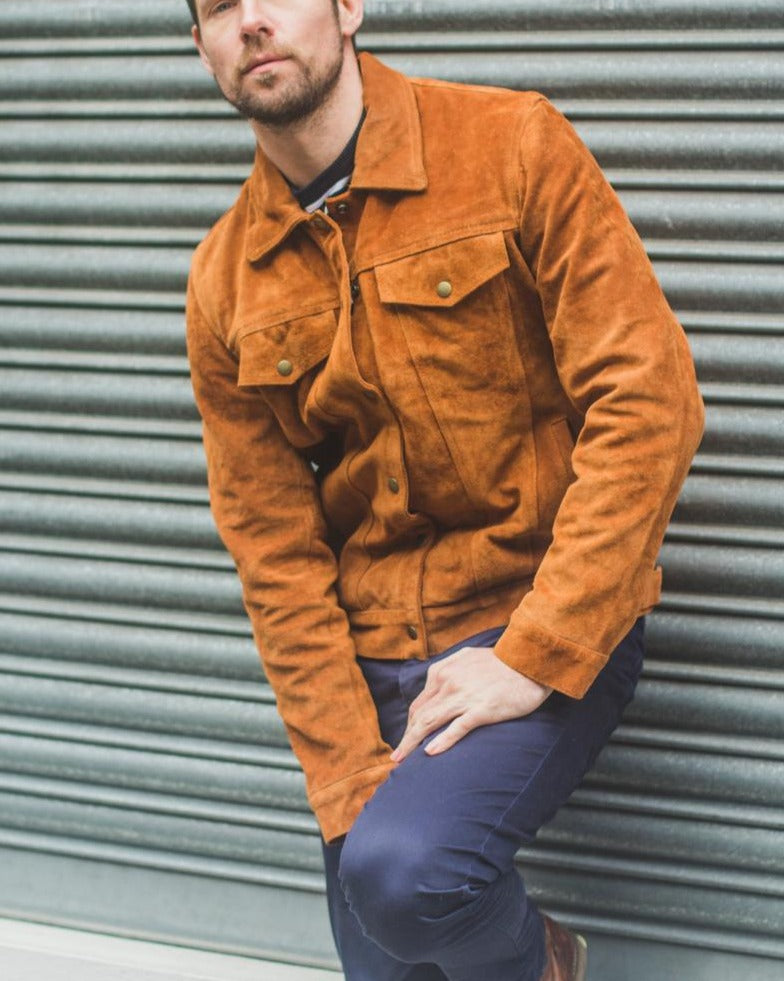 Mens Tan Suede Leather jacket. Denim leather jackets for Mens. Fashionable outwear for mens