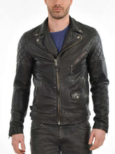 Load image into Gallery viewer, biker leather jacket for men's black sheep skin cross pockets quilted shoulder and arms - leatherthirst
