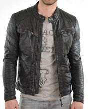 Load image into Gallery viewer, Black leather jacket for men's with chinese collar and two chest pockets made  of lambskin - leatherthirst
