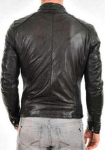 Load image into Gallery viewer, Black leather jacket for men's with chinese collar and two chest pockets made  of lambskin - leatherthirst
