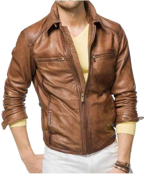 Men's Brown Leather Jacket with folding sleeves and side pocket  autumn wear - leatherthirst