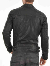 Load image into Gallery viewer, Biker leather jacket for men's black sheep skin cross pockets quilted shoulder and arms
