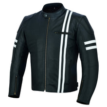 Load image into Gallery viewer, Biker Jacket For Men&#39;s. Black Color With White Stripes. Handcrafted Genuine leather Jacket.
