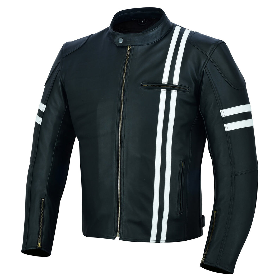 Biker Jacket For Men's. Black Color With White Stripes. Handcrafted Genuine leather Jacket.