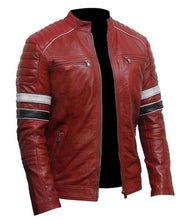 Load image into Gallery viewer, Mens Biker Jacket. Made from 100% Genuine Leather. Striped Sleeves . - leatherthirst
