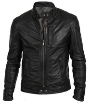 Load image into Gallery viewer, Black leather jacket with vertical single chest pocket for men&#39;s - leatherthirst
