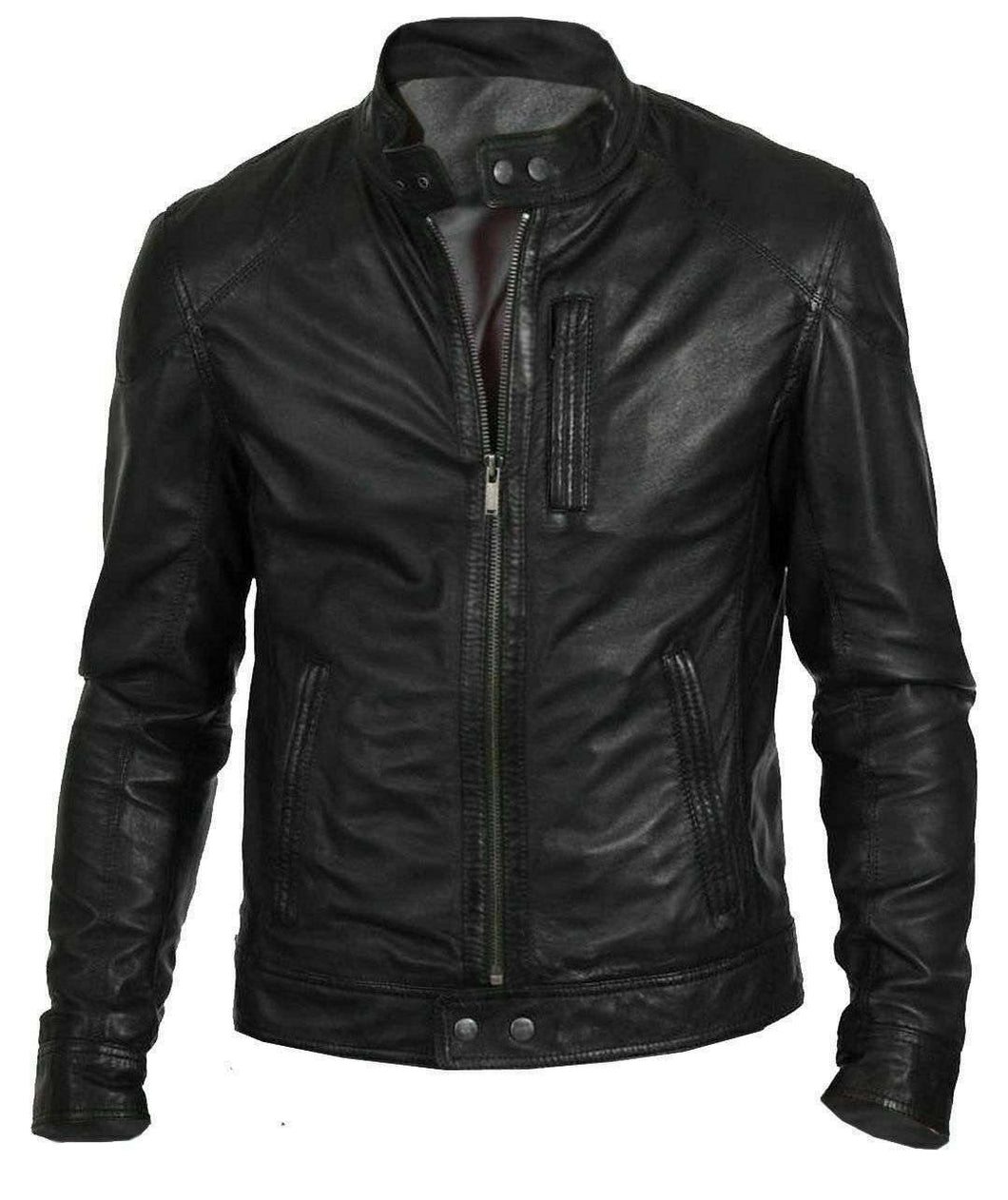 Black leather jacket with vertical single chest pocket for men's - leatherthirst