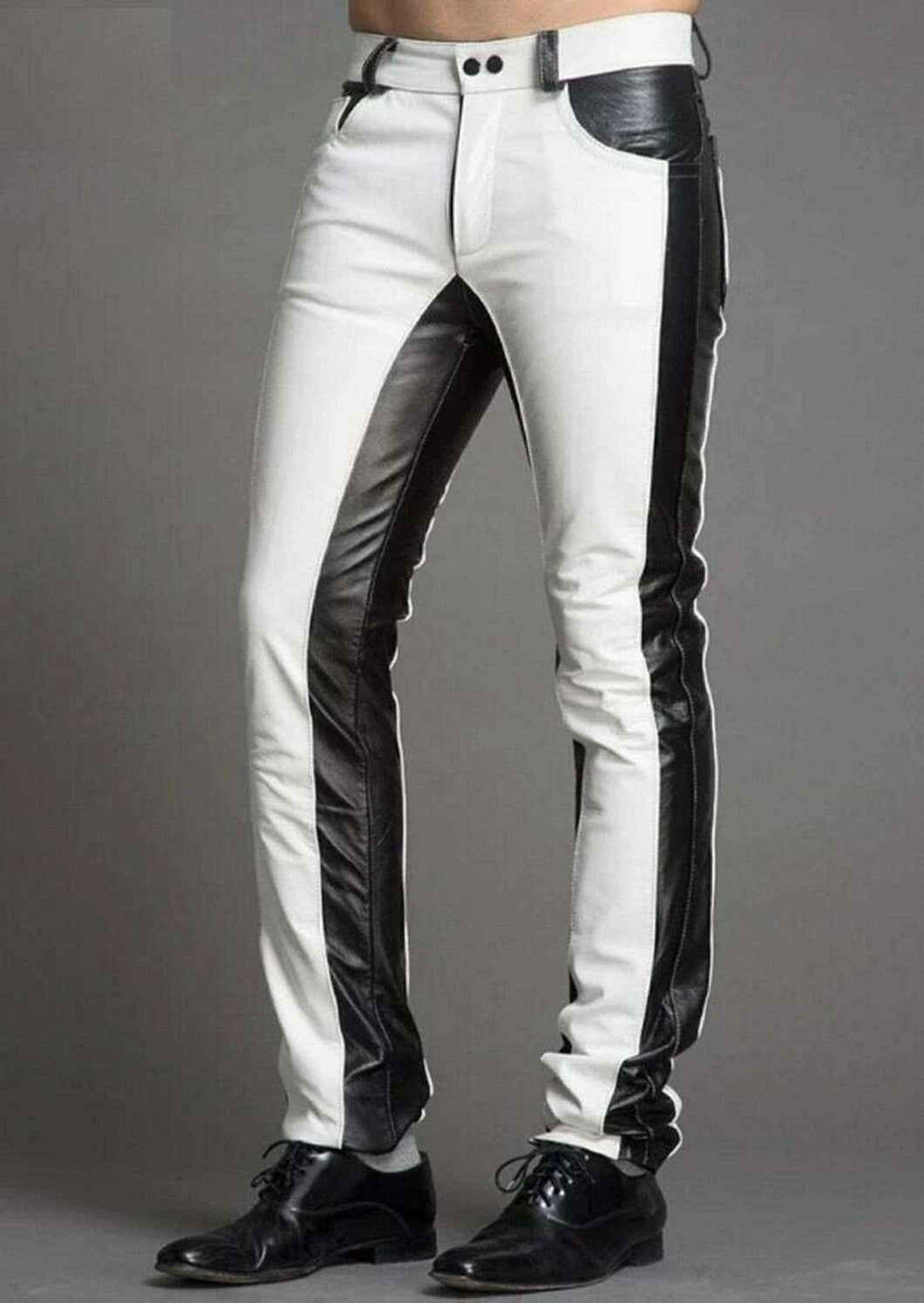 Mens Black  & White Leather Pant. Genuine Leather with a mix of black & white - leatherthirst