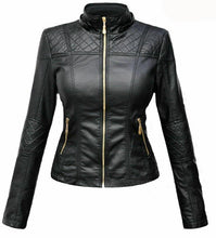 Load image into Gallery viewer, Women&#39;s Leather jacket Black with golden zip and quilted shoulders - leatherthirst
