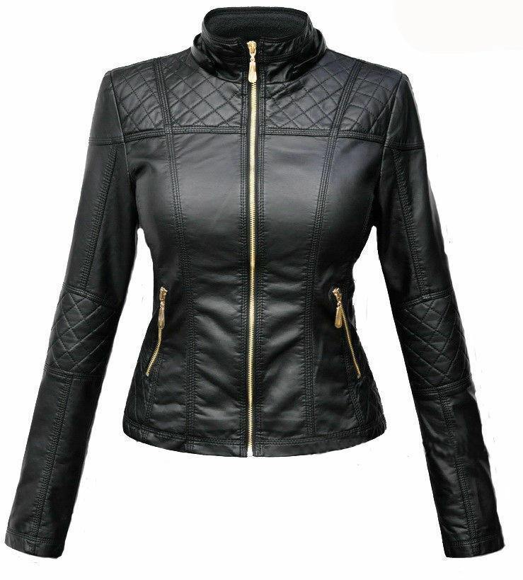 Women's Leather jacket Black with golden zip and quilted shoulders - leatherthirst