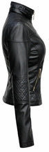 Load image into Gallery viewer, Women&#39;s Leather jacket Black with golden zip and quilted shoulders - leatherthirst
