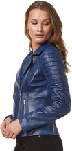 Load image into Gallery viewer, Women&#39;s Royal Blue Biker Leather Jacket |Single chest pocket with quilted shoulder
