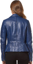 Load image into Gallery viewer, Women&#39;s Royal Blue Biker Leather Jacket |Single chest pocket with quilted shoulder
