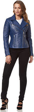 Load image into Gallery viewer, Women&#39;s Royal Blue Biker Leather Jacket |Single chest pocket with quilted shoulder
